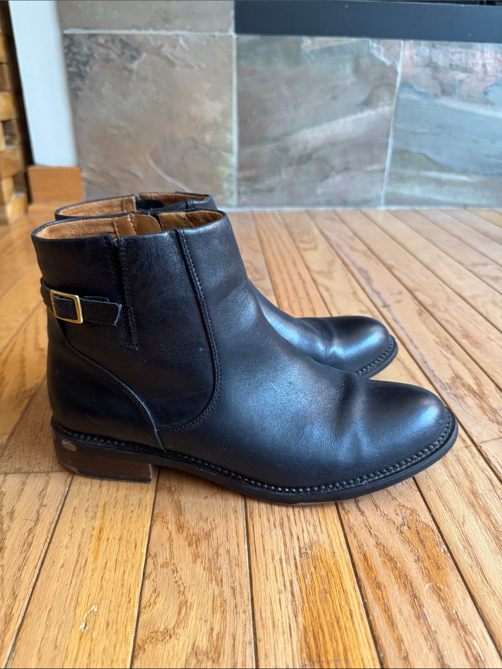 Black Leather Ankle Booties with Gold Buckle